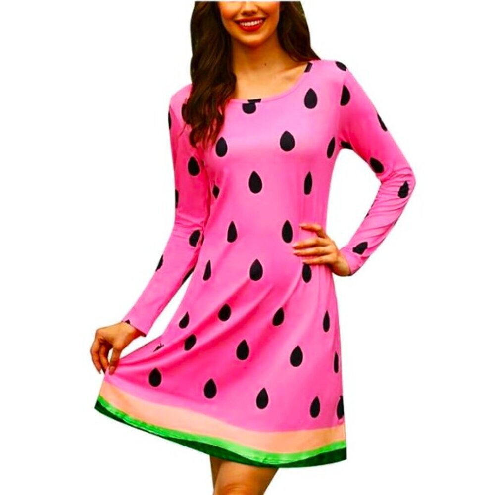 Watermelon Print Dress Pink Black Knit Stretchy Knee Length XL